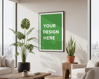 Scandinavian living room poster frame mockup PSD with natural light