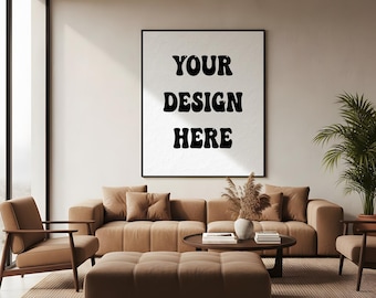 Large Wall Art Mockup PSD - 5x6 Square - Living Room with Tan Leather Sofa