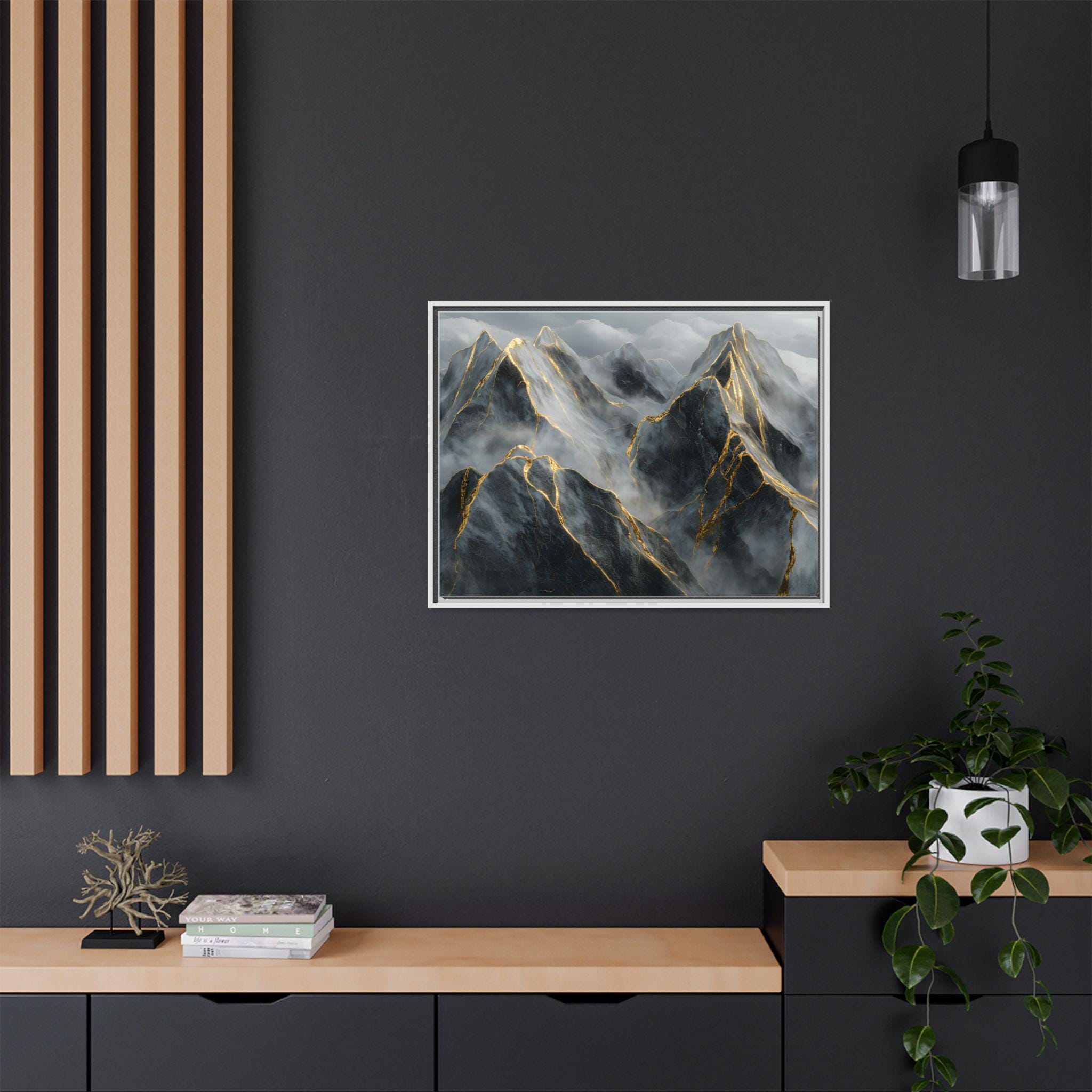 Canvas Wall Art, Mountain Landscape Black Marble Gold Mist Clouds, Framed Print Home Decor, Matte Painting Poster, Nature Artwork, Abstract Home Decor