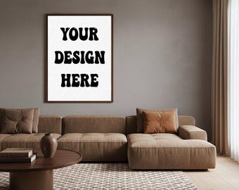 Neutral living room poster frame mockup PSD - warm sofa scene with natural light