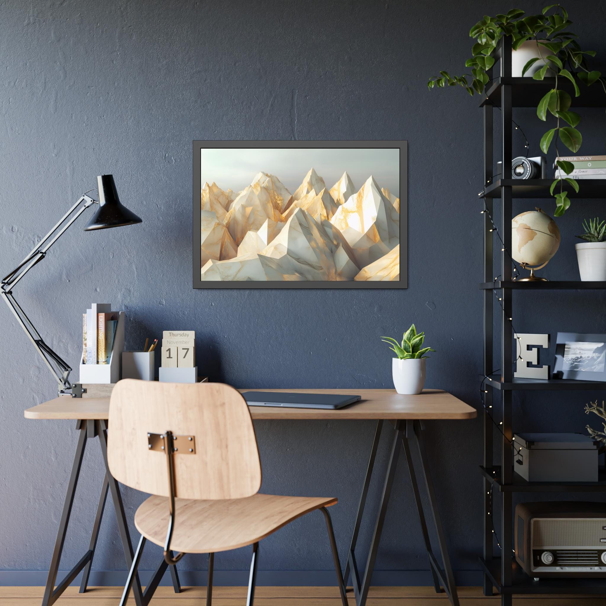 Mountain Landscape Framed Paper Posters, Golden Mountain White Marble Wall Art Print, Home Decor, Nature Art, Unique Gift Idea Home Decor