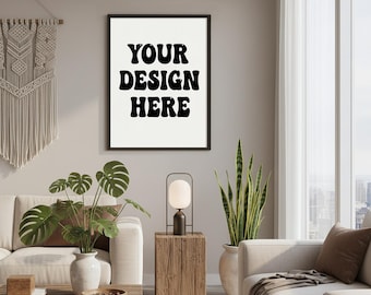 Living Room Vertical Poster Mockup PSD of Neutral Wall with Plants and Natural Light