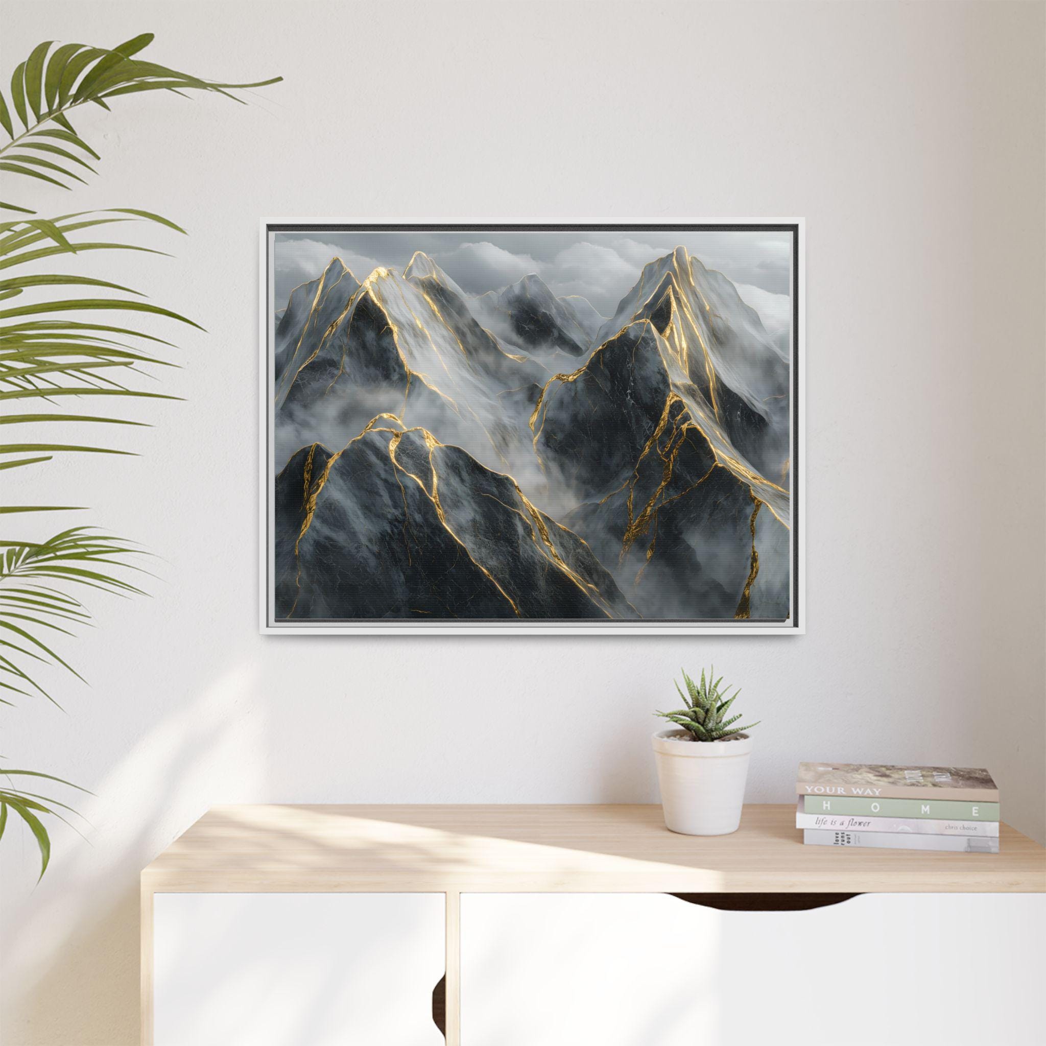 Canvas Wall Art, Mountain Landscape Black Marble Gold Mist Clouds, Framed Print Home Decor, Matte Painting Poster, Nature Artwork, Abstract Home Decor