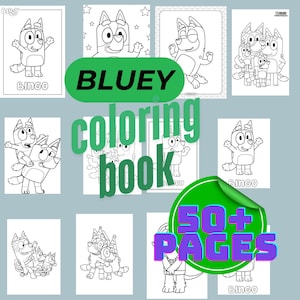 Libro para colorear imprimible de Bluey (más de 50 páginas), páginas para colorear para fiestas de cumpleaños, páginas para baby shower de Bluey y sus amigos en PDF.