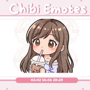 Può includere: Un'illustrazione digitale di un personaggio chibi con capelli castani, che indossa un maglione viola chiaro, beve un bubble tea marrone con una cannuccia rosa. Il personaggio ha grandi occhi marroni e un blush rosa sulle guance. Lo sfondo è rosa chiaro con fiori di ciliegio bianchi.
