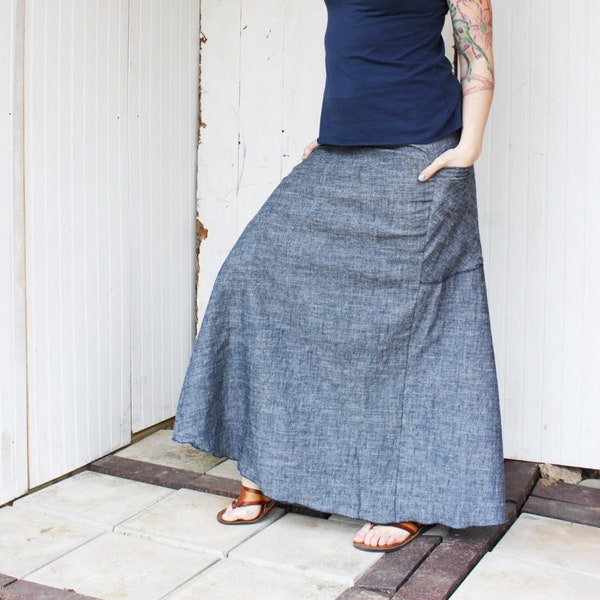 Organic Denim Full Length Passport Pocket Skirt - Hemp and Organic Cotton Made to Order