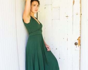 Fiona V-Neck Dress  - Organic Fabric - Made to Order - Choose Your Color - Organic Cotton Blend Lightweight Jersey Midi Summer Dress