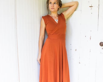 Rhiannon Wrap Dress - Mid Length - Organic Clothing Made to Order - 18 Color to Choose From - V-Neck Midi Summer Sleeveless Dress