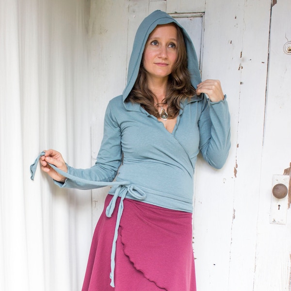Hemp Barcelona Hooded Organic Wrap Top  - Hemp & Organic Cotton Stretch Jersey - Adjustable Fit + Length - Made to Order - Long Sleeves