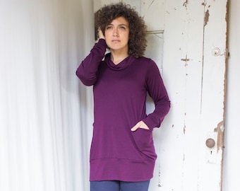 Emmaline - 100% Merino Wool Lightweight Sweater Tunic w/Pockets and Cozy Cowl  - Choose Your Color - Made to Order in the USA by Rowan Grey