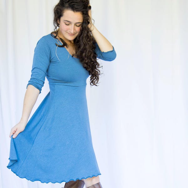 3/4 Sleeve Hemp Blossom Dress - Stretch Hemp + Organic Cotton Midi Dress - Organic Clothing Made to Order - Choose Your Color - Made in USA
