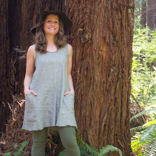 Hemp Short Beachcomber Pocket Dress - Hemp + Organic Cotton Chambray - A-Line Cut -  Side Pockets - Made to Order in USA - Ethical Fashion