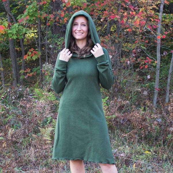 Organic Fleece Hooded Dress - Custom Made to Order - You Pick Color - Eco Fashion - Sustainable Ethical Women's Clothing by Rowan Grey