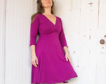 READY to SHIP ~ Sizes - XS - Xl - Organic 3/4 Sleeve V-Neck Dress - 6 Colors Available - Fit and Flare Knee Length Midi Lined Bust, Eco