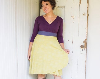 LISTO PARA ENVIAR - Tallas xs - xl - Vestido cruzado de algodón orgánico con mangas 3/4 y busto forrado - Otoño, cuello en V, largo hasta la rodilla ajustable, midi, cachemir, moda ecológica