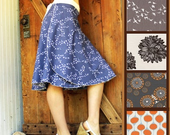 READY TO SHIP - Choose Your Print - Organic Cotton Midi Wrap Skirt - Blue or Tan Birds, Floral - Knee Length - Petite, Plus Size, Maternity