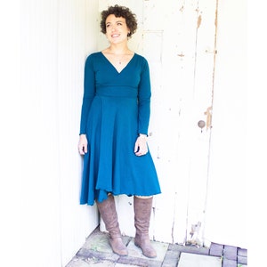 Elysia ~ Stretch Hemp Wrap Dress - Hemp & Organic Cotton Knit -  Cusom Made to Order - Choose Your Color - Long Sleeve Tea Length Below Knee