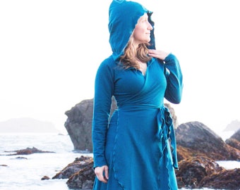 SAMPLE SALE - As Pictured - XS - Teal - Organic Fleece Wrap Dress - Tencel + Organic Cotton - Long Sleeve Hooded Adjustable Midi Dress