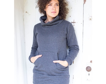 Kalli Organic Fleece Sweatshirt -  Kangaroo Pocket Cowl Neck - Organic Cotton/Hemp - Made to Order - Choose Your Size & Color - Vegan