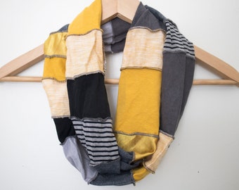 READY TO SHIP - Organic Fabric Infinity Scarf - Yellow, Stripes, and Grays - Organic Cotton, Bamboo, Hemp, Silk, Linen - Ready to Ship