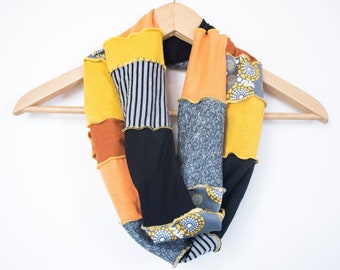 READY TO SHIP - Infinity Scarf - Sunburst - Orange, Yellow, Gray, Stripes - Organic Fabrics - One of a Kind Gift - Hemp, Organic Cotton