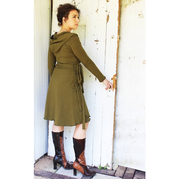 Hemp Olympia Hooded Wrap Dress - Long Sleeve Hooded Wrap Dress in Stretch Hemp - Organic Clothing Made to Order - Choose Your Color - Eco