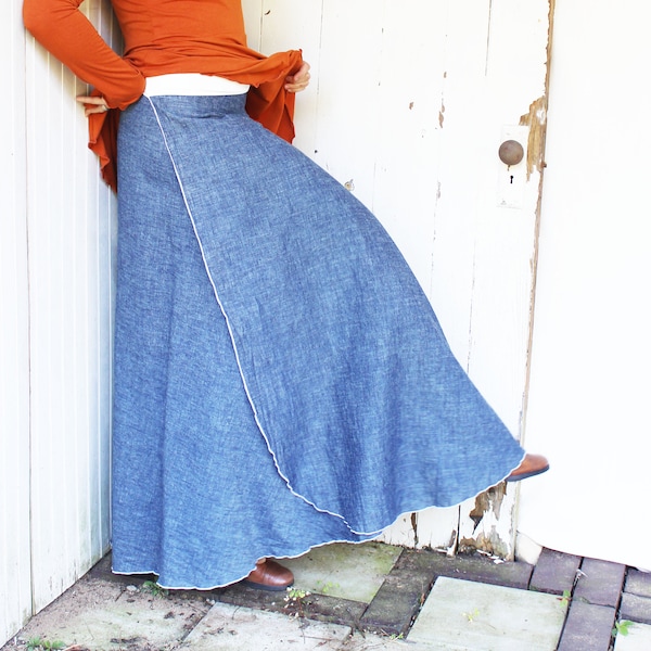 Organic Denim Maxi Wrap Skirt - Lightweight Hemp & Organic Cotton - Adjustable Made to Order - Full Length - All Season - Petite - Plus Size