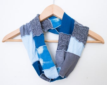 READY TO SHIP - Organic Infinity Scarf - Shades of Blue and Grays - Organic Cotton, Bamboo, Hemp, Soy - Patchwork Cowl - Great Gift