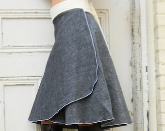 Organic Denim Wrap Skirt (Hemp and Organic Cotton) - Custom Made to Order - Blue or Grey - Maternity, Plus Size, Petite, Travel, Eco Fashion