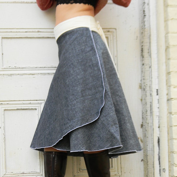 Organic Denim Wrap Skirt (Hemp and Organic Cotton) - Custom Made to Order - Blue or Grey - Maternity, Plus Size, Petite, Travel, Eco Fashion