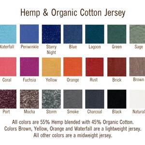 May include: A color chart showing 18 different colors of hemp and organic cotton jersey fabric. The colors are arranged in three rows of six colors each. The colors are: Waterfall, Periwinkle, Starry Night, Blue, Lagoon, Green, Sage, Coral, Fuchsia, Yellow, Orange, Rust, Brick, Brown, Port, Mocha, Storm, Smoke, Charcoal, Black, and Natural. All colors are 55% hemp blended with 45% organic cotton. Colors Brown, Yellow, Orange and Waterfall are a lightweight jersey. All other colors are a midweight jersey.
