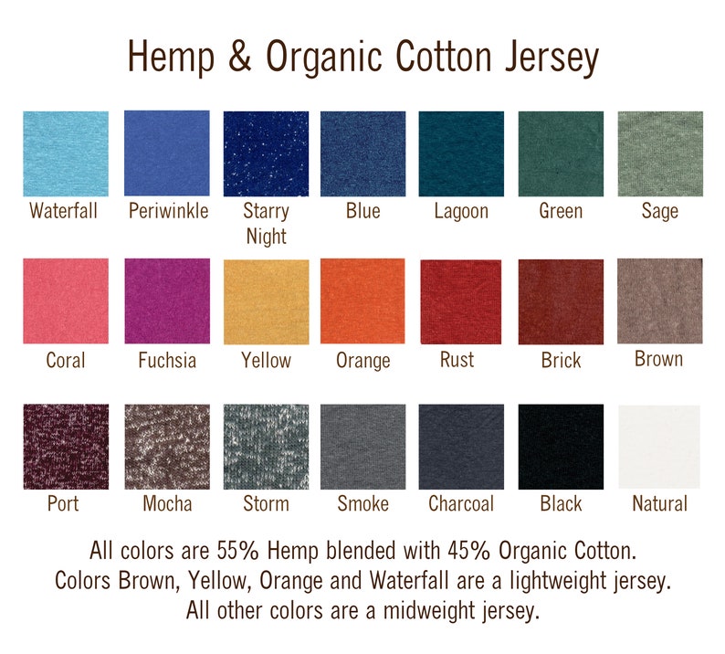 May include: A color chart showing 18 different colors of hemp and organic cotton jersey fabric. The colors are arranged in three rows of six colors each. The colors are: Waterfall, Periwinkle, Starry Night, Blue, Lagoon, Green, Sage, Coral, Fuchsia, Yellow, Orange, Rust, Brick, Brown, Port, Mocha, Storm, Smoke, Charcoal, Black, and Natural. All colors are 55% hemp blended with 45% organic cotton. Colors Brown, Yellow, Orange and Waterfall are a lightweight jersey. All other colors are a midweight jersey.