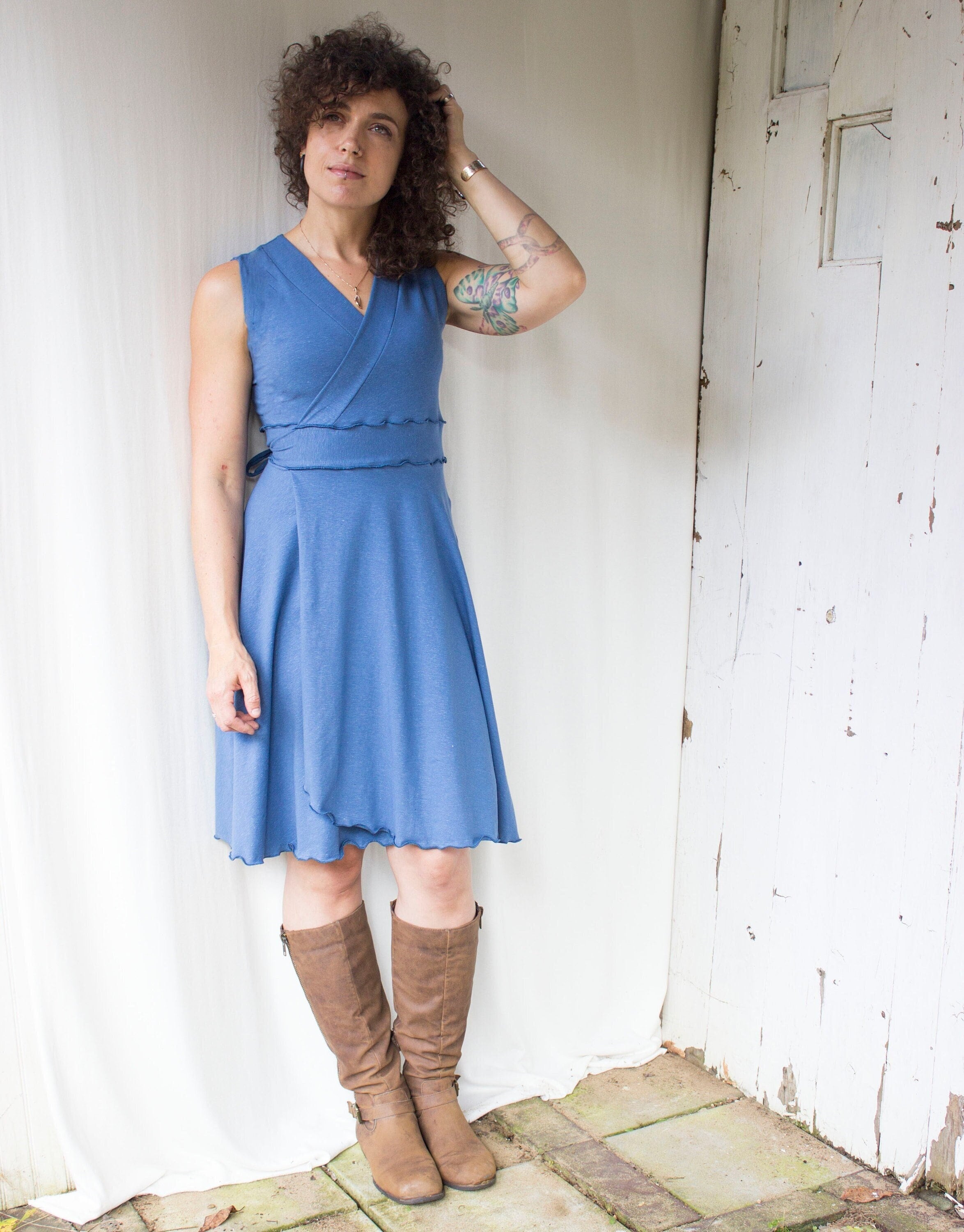 Hemp Rhiannon Wrap Dress - Hemp & Organic Cotton Stretch Knit -  Cusom Made to Order - Choose Your Color - Sleeveless Midi Knee Length Dress