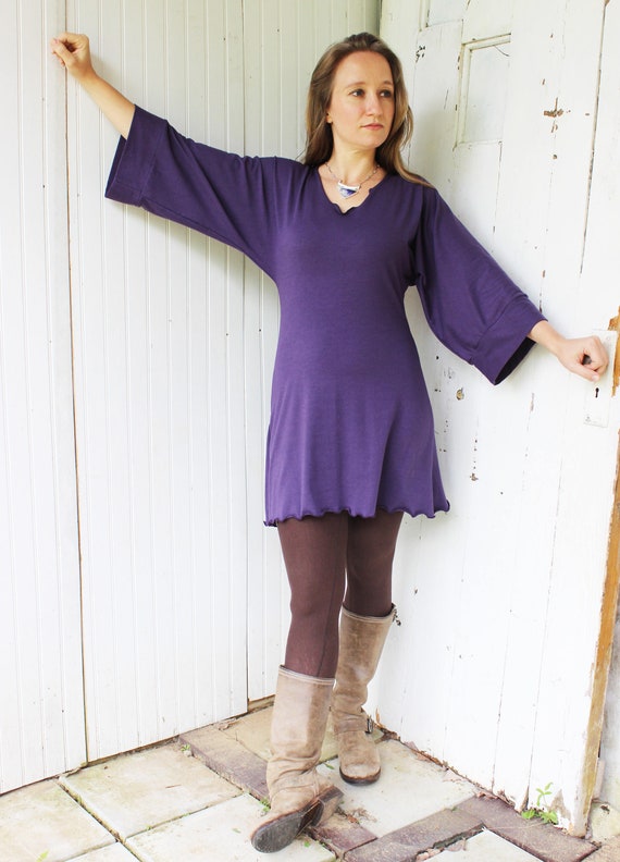 Marisha Tunic Dress - Organic T-Shirt Mini Dress with Dolman Sleeves - Organic Cotton Blend - Many Colors to Choose From - Made to Order