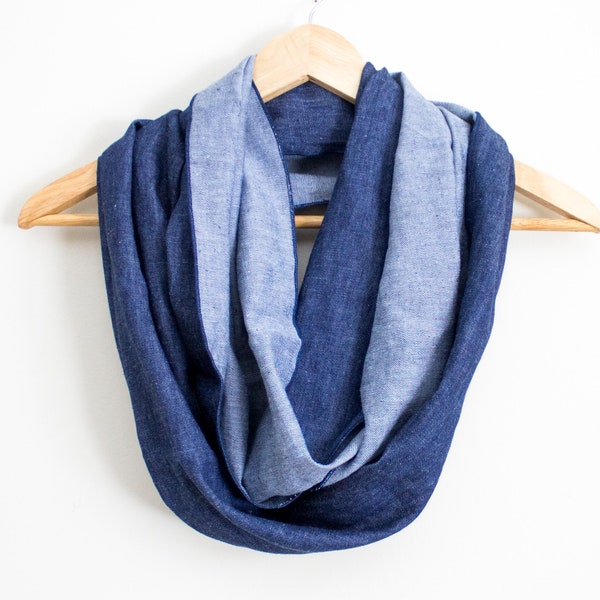 Two Tone Hemp Organic Cotton Infinity Scarf - Lightweight - Great Gift - Hemp and Organic Cotton Indigo Dyed Denim Circle Scarf