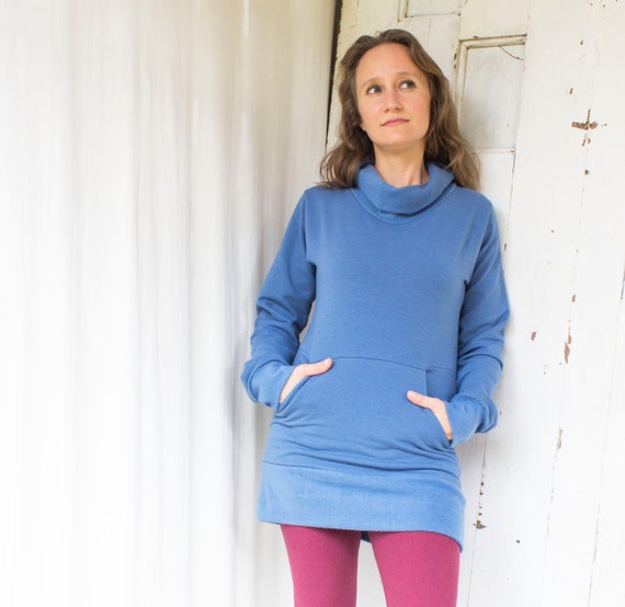 Kalispell Kangaroo Pocket Tunic Cowl Neck Sweatshirt Tencel Organic Cotton  Fleece Made to Order Choose Your Size & Color Vegan 