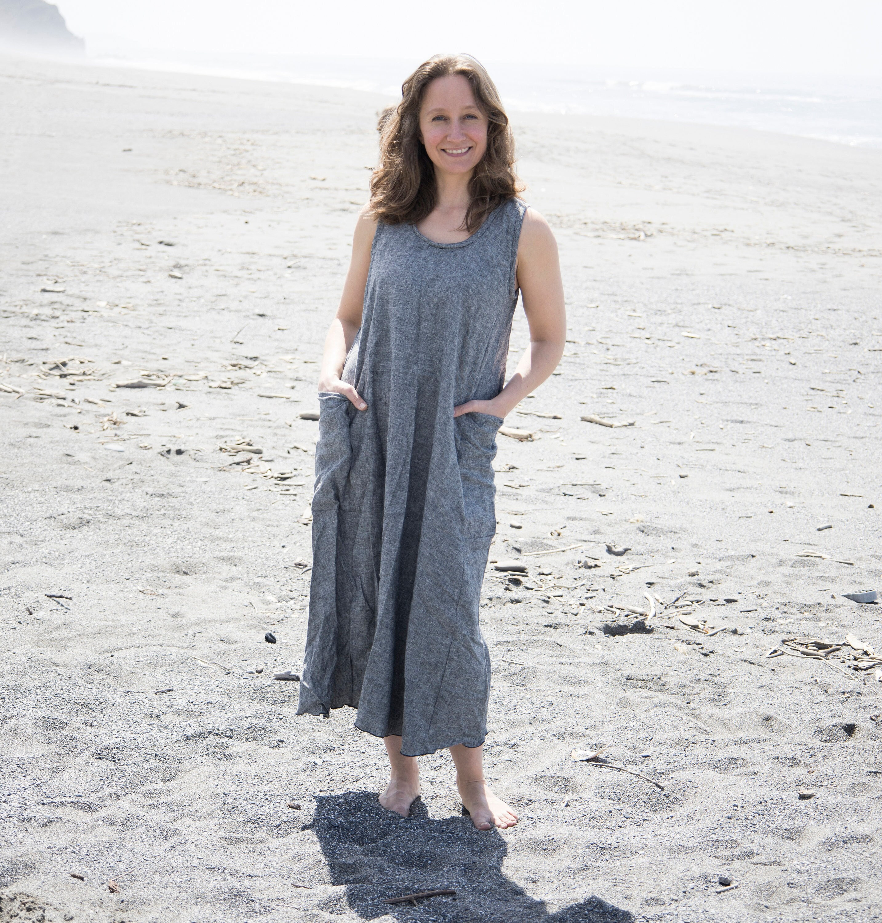 Sleeve Linen Maxi Long Gray Beach Dress Hemp Beachcomber Pocket Dress Hemp  Organic Cotton Chambray A-Line Cut Mid-Calf Side Pockets Made To Order  Choose Your Color