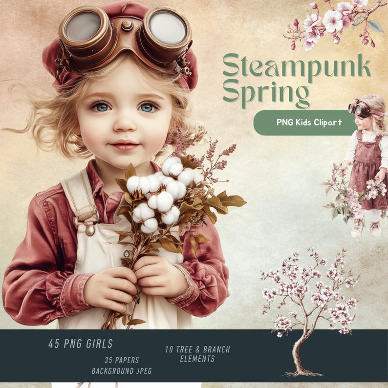 Steampunk Spring Girls Clipart Bundle, Kids PNG, Vintage Steampunk ...