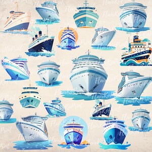 May include: A collection of watercolor illustrations of cruise ships and ocean liners in various styles. The ships are primarily blue and white, with some featuring orange and teal accents. The image has a nautical theme.