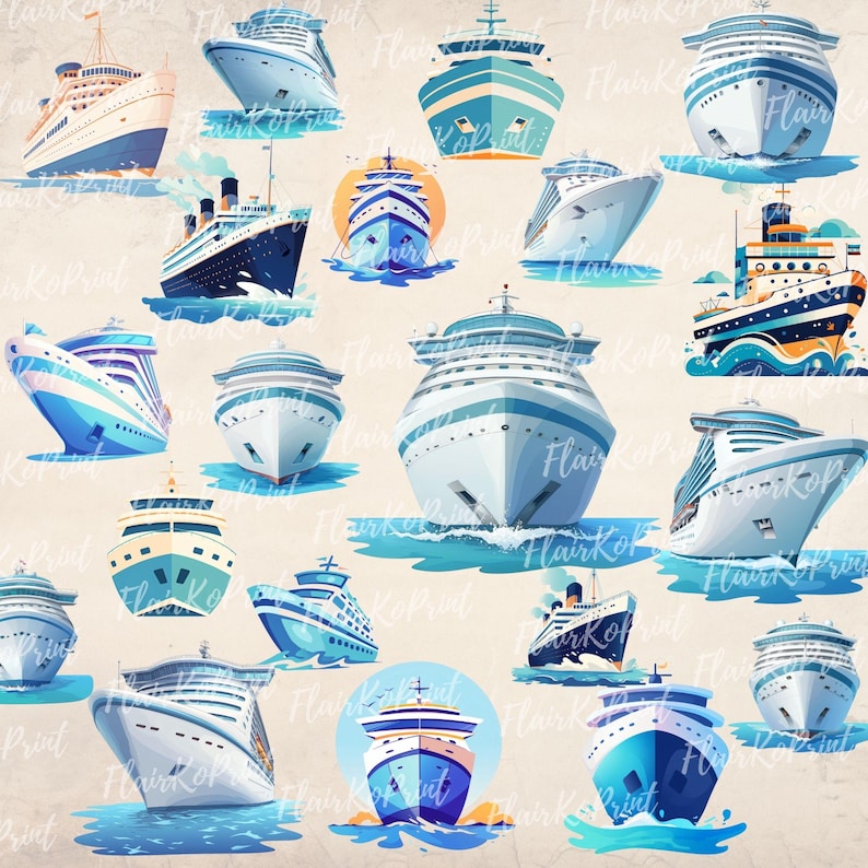 May include: A collection of watercolor illustrations of cruise ships and ocean liners in various styles. The ships are primarily blue and white, with some featuring orange and teal accents. The image has a nautical theme.