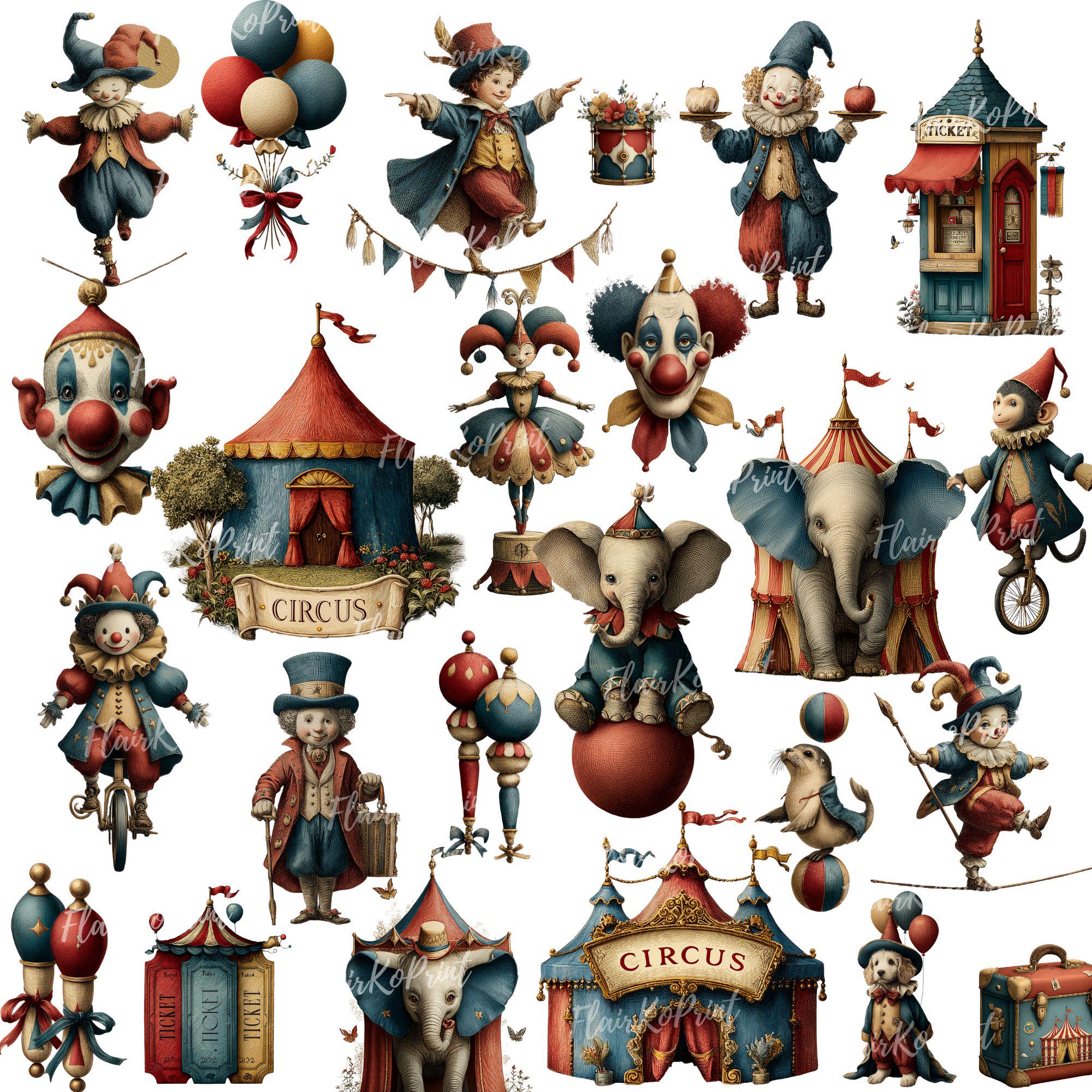 Vintage Circus Clipart PNG: Watercolor Retro Illustrations Digital ...