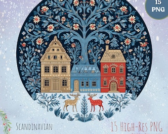 Scandinavian Christmas Round Ornaments, 15 High-Res PNG, Digital Download for Ornaments, Swedish & Norwegian Folk Art, Crafts, Sublimation