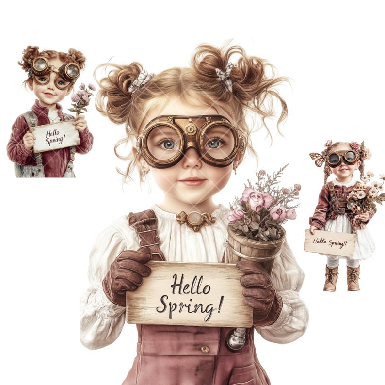 Steampunk Spring Girls Clipart Bundle, Kids PNG, Vintage Steampunk ...