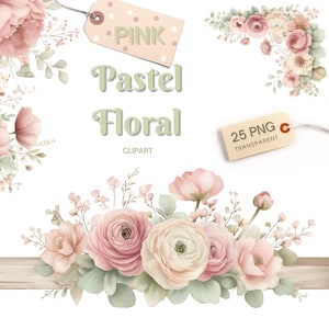 Roze zacht pastel bloemen clipart, 25 transparante PNG's, lichtroze beige bloemen, romantische bruidsbloemen, kinderkamerdecoratie, lente paas clipart