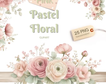 Pink Soft Pastel Floral Clipart, 25 Transparent PNG, Blush Pink Beige Flowers, Romantic Wedding Florals, Nursery Art, Spring Easter Clipart