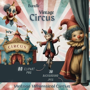 Vintage Circus Clipart PNG: Watercolor Retro Illustrations Digital Download, Commercial Use