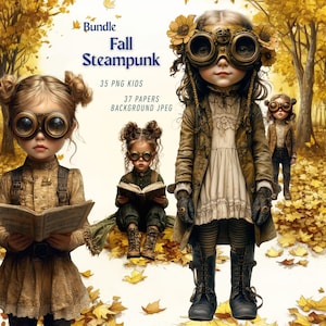 May include: Digital art bundle featuring children in steampunk attire, set against a fall foliage backdrop. The image includes the text "Bundle Fall Steampunk" and details about the included PNGs, papers, and background JPEG.