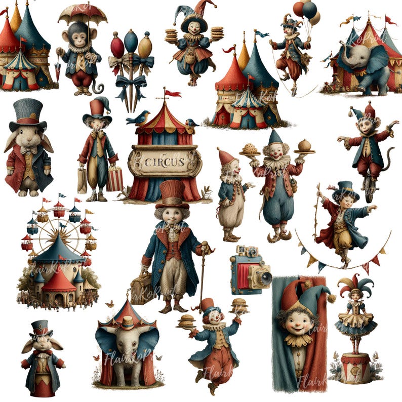 Vintage Circus Clipart PNG: Watercolor Retro Illustrations Digital ...