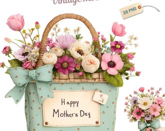 Happy Mother's Day Clipart Bundle, 28 PNG Watercolor Flowers, Vintage Floral Basket, Bouquet, Envelope, Sublimation Designs