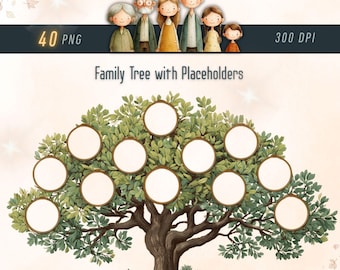 Family Tree with Placeholders PNG Clipart Bundle, Genealogic Chart Design PNG, 40 High Quality PNG, Tree of Life, Paper Craft, Digital